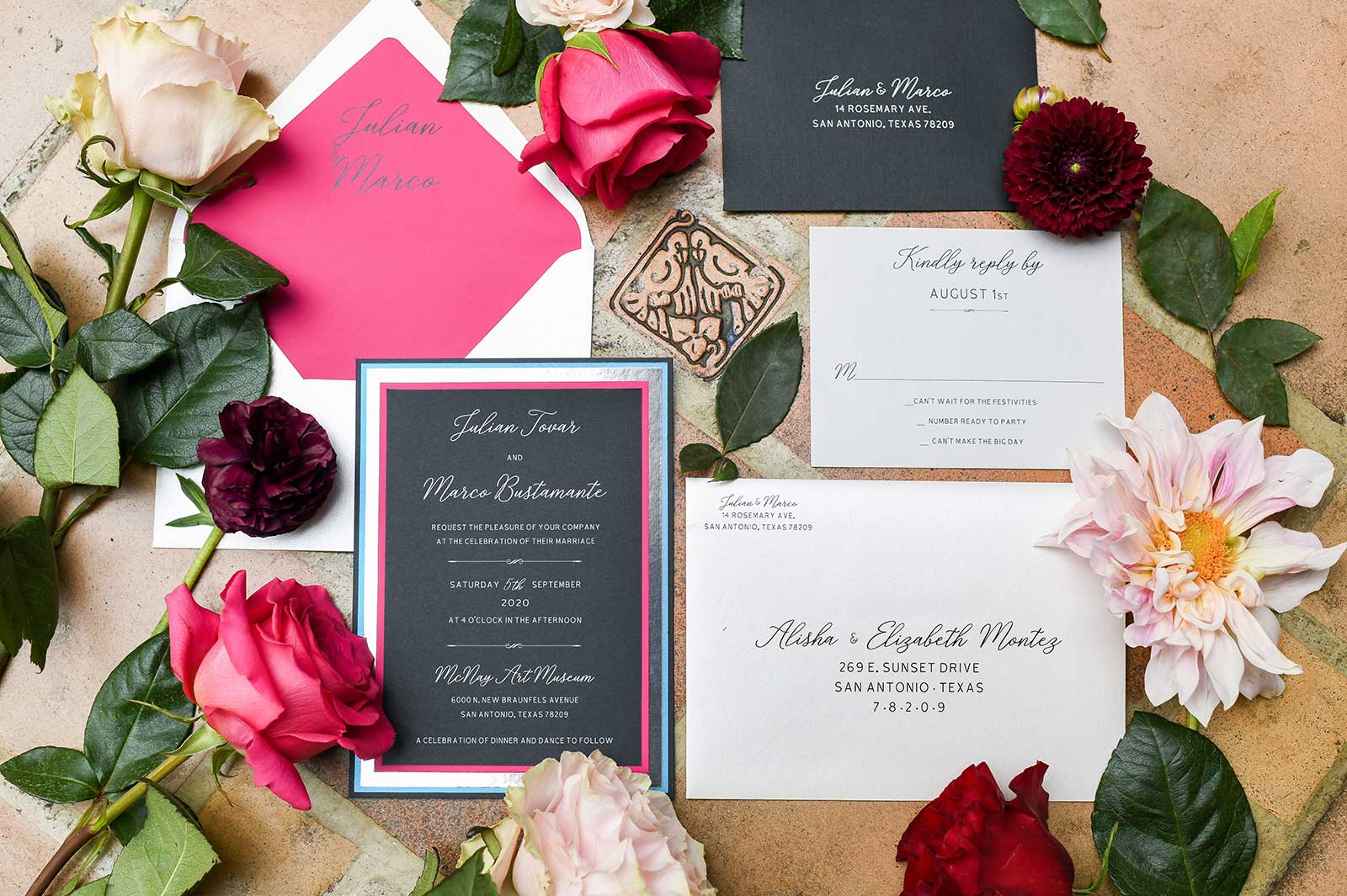 pink and black wedding invitation suite