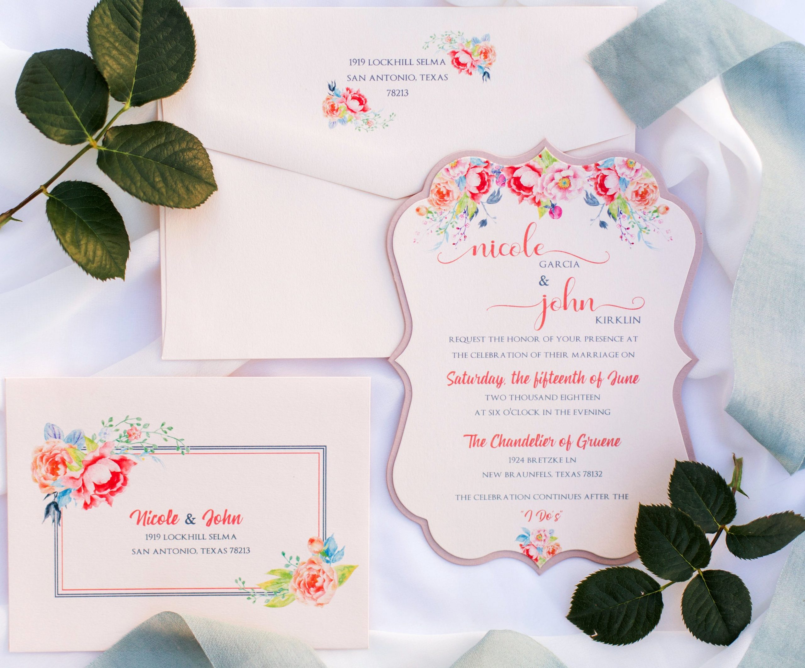 Watercolor floral wedding invitations for Texas weddings.