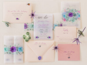 Aly Am Paperie Green, Lavender and blue wedding invitation suite with succulents